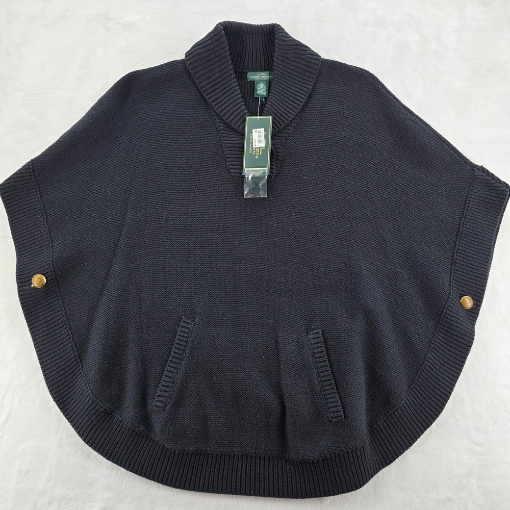 Lauren Ralph Lauren Poncho Womens M Sweater Navy Blue Knit Shawl Collar NWT